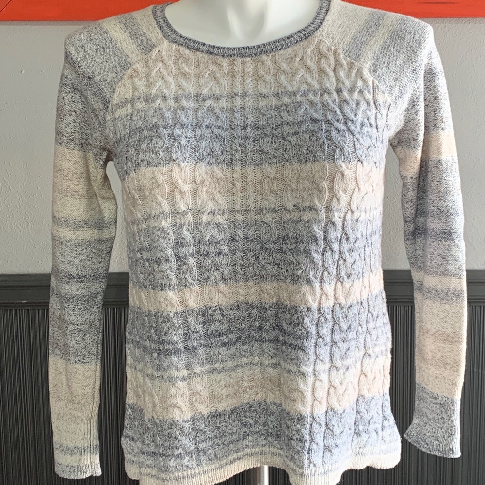 Sonoma Cream and Gray Striped Cable Knit Sweater